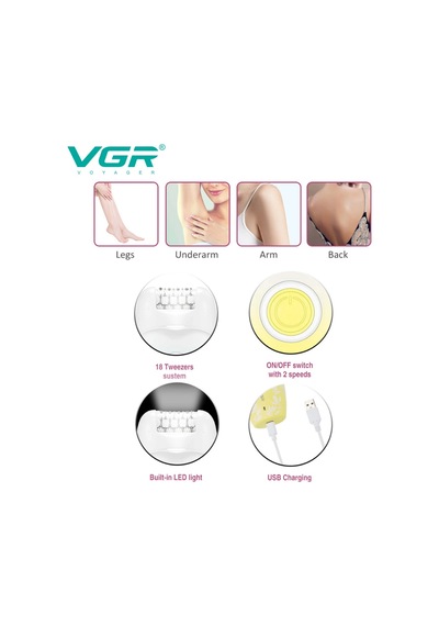 Vgr V-738 Profesyonel Kadın Epilatörü Led Işıklı, 18 Cımbızlı, 2 Hız Ayarlı Ve Usb Şarjlı Kablosuz