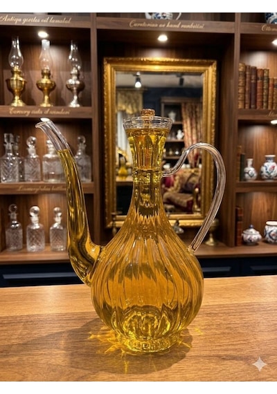 Çizgili Tasarım Gold Kafalı Mermer Stantlı Borosilikat Cam Glorry Cam Yağlık 700 Ml+700 Ml Şeffaf