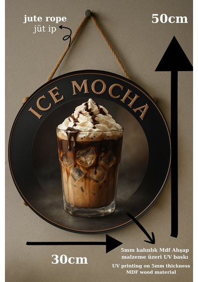 Ice Mocha Temalı Yuvarlak Cafe Tabelası, Jüt İpli Ahşap Duvar & Kapı Dekoru, Barista Tarzı Süs