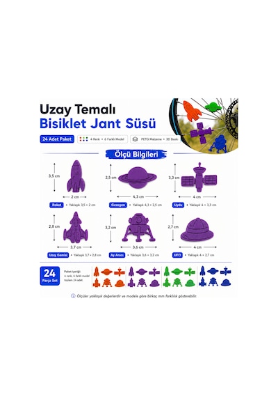 Uzay Temalı Bisiklet Jant Süsü 24 Parça 4 Renk 6 Farklı Model Mor