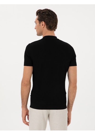 Siyah Slim Fit Fermuarlı Polo Yaka Triko T-shirt