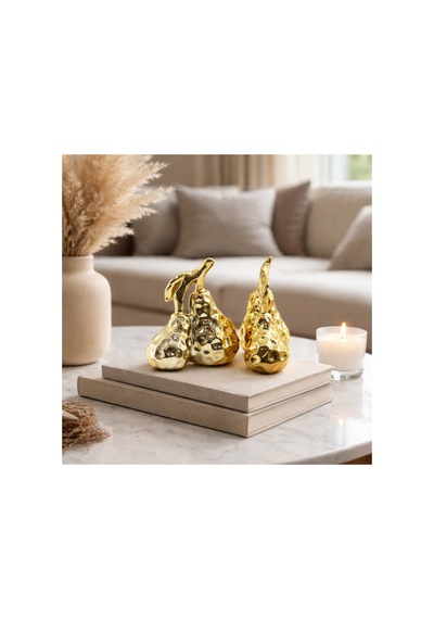 2 Adet Orta Boy Çift Armut Tasarımlı Biblo Seramik Parlak Gold Kaplama, Dekoratif Obje, Ev Ofis Dekor, Decorative Figurine