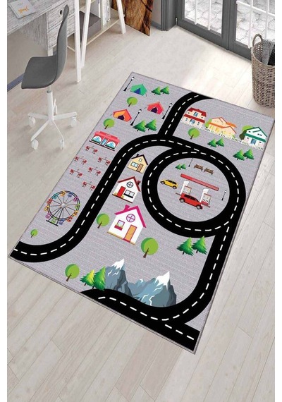 Gri Kaymaz Tabanlı Otoyollu Oyun Halısı Çocuk Halısı Ar287n11