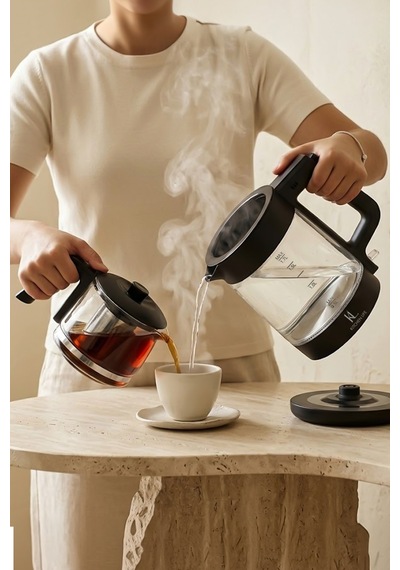 Demzade Isıya Dayanıklı Borosilikat Cam Elektrikli Çay Makinesi Alt 1,7 Lt Üst 0,9 Lt 1850-2200 W Kettle Çaycı Çay Seti