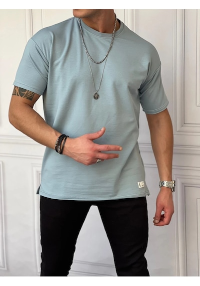 Modefendi Pamuk Likra Yırtmaç Detaylı 2 İplik Oversize Tshirt Mavi