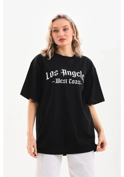 Freedom Storee Kadın Baskılı Tişört Kısa Kol Bisiklet Yaka Oversize T-shirt - Siyah Çok Renkli