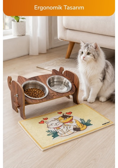Ahşap Kedi Mama Seramik Su Kabı Standı,kedili Mama Kabı, Hediye Kedi Halısı