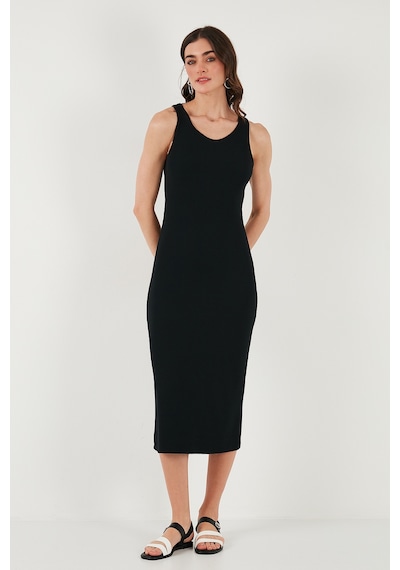 Lela Fitilli Slim Fit Bisiklet Yaka Yırtmaçlı Midi Boy Bayan Elbise 5866101 Siyah