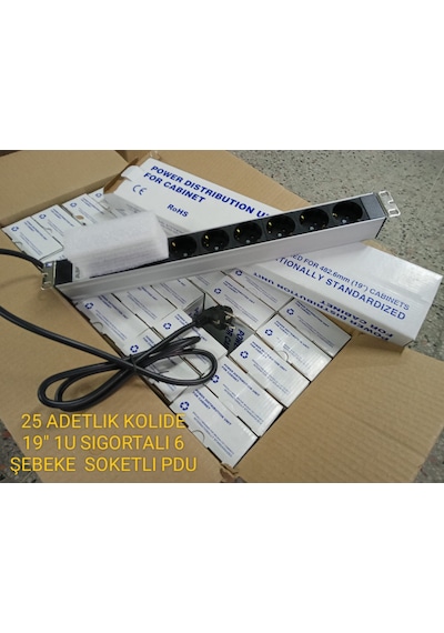 19" 1U 6'Lı Schuko Sigortalı Alüminyum Rack Kabin PDU(25 ADET)