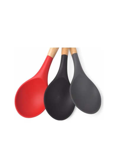 Deconox Bambu Saplı Silikon Servis Kaşığı, Bambu Uzun Silikon Servi Kaşığı 28cm 3 Renk Seçenekli, Yemekleriniz