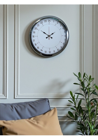 Krom 40 Cm Metal 24 Saat Göstergeli Özel Tasarım Duvar Saati