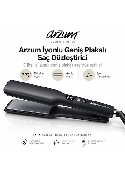 Arzum Ar5180 Ion Geniş Plakalı İyonlu Saç Düzleştirici 230 C Dijital Isı Ayarlı