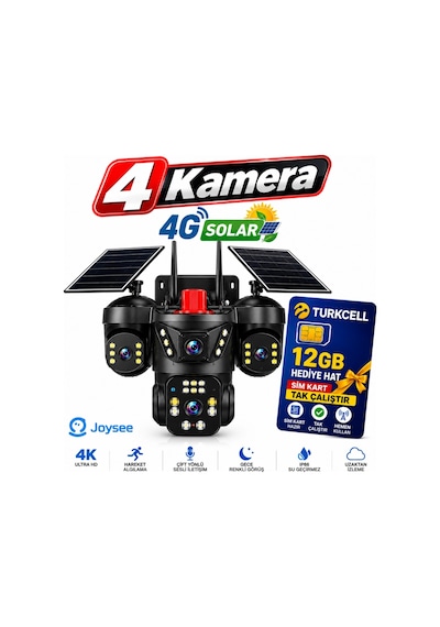 Joysee S4 12mp 4 Kameralı 4g Solar Sim Kartlı Ptz Ip Sesli Akıllı Güvenlik Kamera + 12gb Sım Kart He
