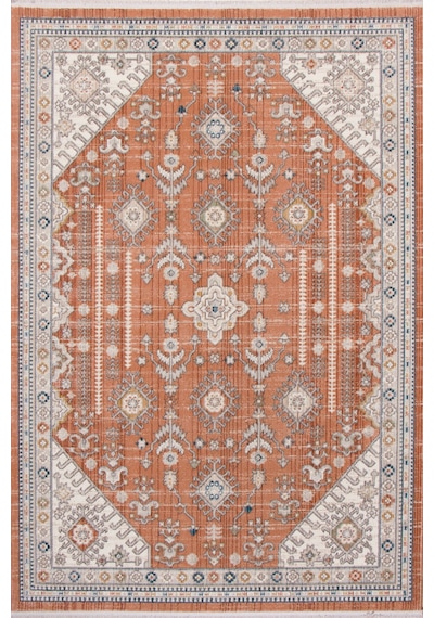 Bohem Tarz Madalyon Desenli Kiremit Rengi Vintage Salon Ve Oturma Odası Halısı Turuncu