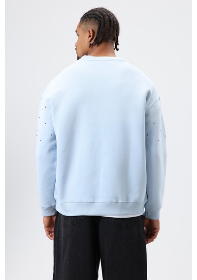 Vamos Yıkamalı Taş Detaylı Oversize Sweatshirt Bebek Mavisi