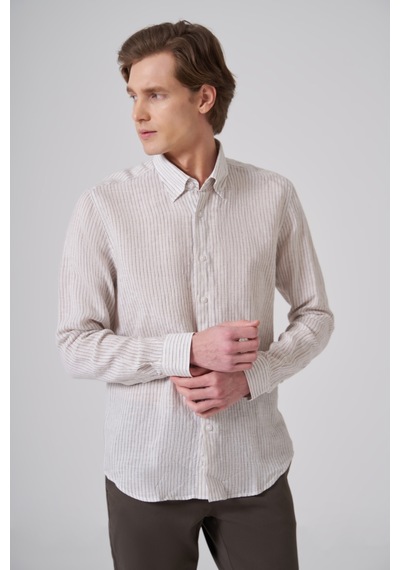 Morven Erkek Kahve Keten Trend Çizgili Dynamic Fit Düğmeli Yaka Gömlek 26ys004004400 Kahve