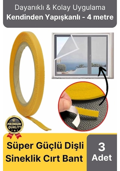 Premium Seri Güçlü Kendinden Yapışkanlı Ahşap Pencere Kapı Sineklik Tülü Yedek 4mt Cırt Bant-3 Adet
