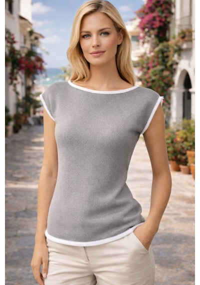 Aqefashion Kadın Kayık Yaka Sosis Yaka Yarasa Kol Beyaz Detaylı Modern Basic Özel Tasarım Gri Triko Bluz