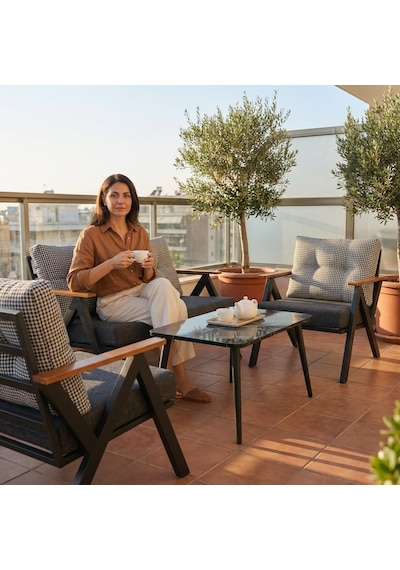Venedik 2+1+1+sehpa Metal Balkon Takımı Keten Dokulu Kumaş Siyah Metal - Bahçe Teras Oturma Grubu