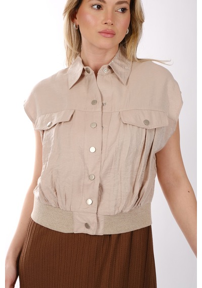Ysatis Minimalist Kolsuz Crop Yelek - Gömlek Yaka Bej