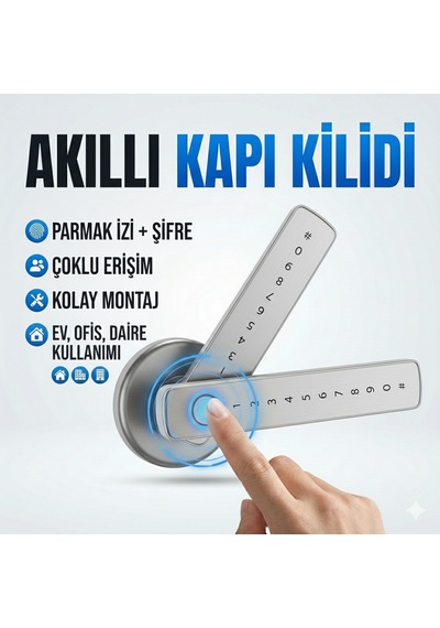 Şifreli Kartlı Telefondan Kontrol Pvc Alüminyum Ahşap Uyumlu Parmak İzli Akıllı Kapı Kolu Gümüş