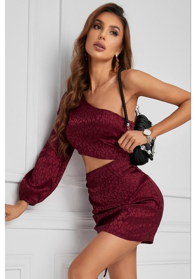 Fashion Cocktail Bel Dekolteli Tek Kol Gece Elbisesi Şarap Kırmızı Bordo