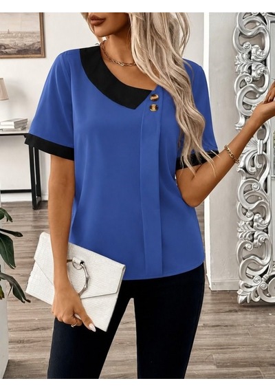 Mareandpanda Kadın Kısa Kollu Asımetrik Yaka Detaylı Düğmeli Dubai Bluz Mavi