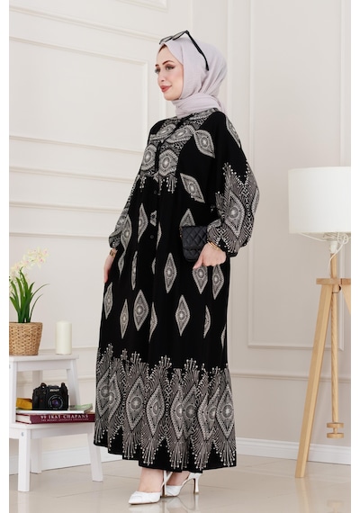 Sevitli Yarım Düğmeli Robalı Hira Elbise-siyah-4934