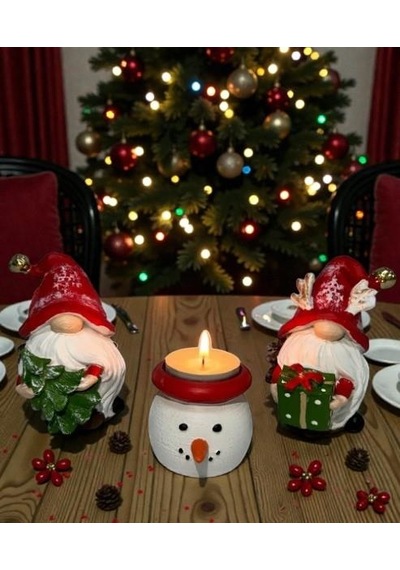 Dekoratif Yılbaşı Dekor Seti Noel Cücesi Figürleri Ve Kardan Adam Mumluk Yeni Yıl Masa Üstü Süsleme