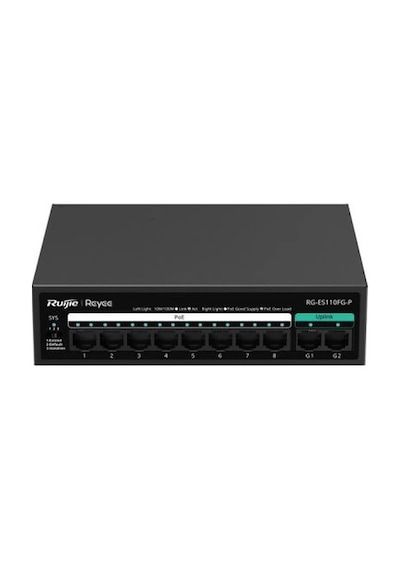 Reyee Rg-es110fg-p 10 Portlu, 10/100 Fast Ethernet, Tak Çalıştır Switch, 2 Gigabit Uplink, 8 Port Po