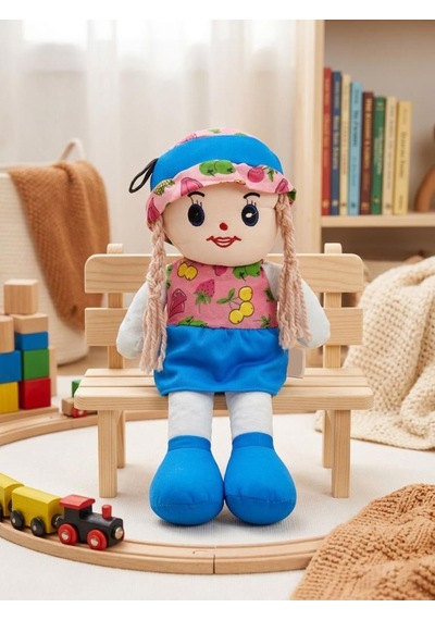 Meyveli Bebeğim 42cm Meyve Desenli Elbiseli Ve Şapkalı Oyun Arkadaşı El Yapımı Oyuncak Bez Bebek Mavi