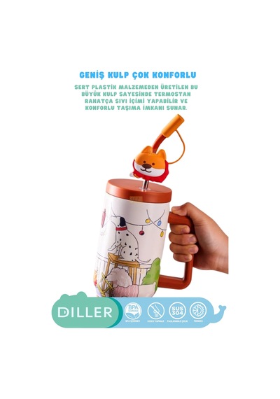 Diller 1200ml Sevimli Hayvanlar Tumbler Pipetli/pipetsiz Kulplu Paslanmaz Çelik Termos