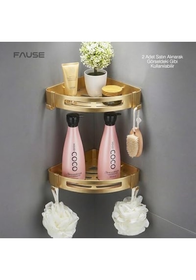 Fause Banyo Köşe Rafı 304 Paslanmaz Çelik 23x23 Cm Şampuanlık Kbk100 Fırçalanmış Altın 000 Açık Krem