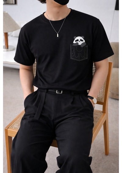 Tarz Cool Panda Baskılı Unisex Basic Tişört Rahat Kesim Günlük Stil Siyah