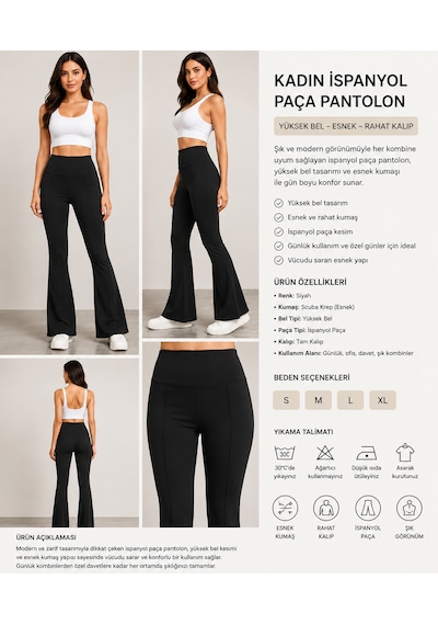 Cocosushicooo Kadın Yüksek Bel İspanyol Paça Pantolon Esnek Siyah Fit Pantolon