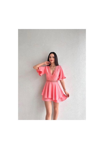 Munora Butik Sırt Dekolteli Brode Detaylı Pembe Tulum Elbise Pembe Pembe