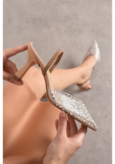 Dabab Shoes Lulu Kadın Şeffaf İnci Detaylı 7 Cm Stiletto Topuklu Ayakkabı Bej