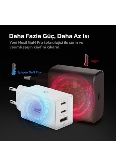 Spigen 67w Usb-c + Usb-a 3 Port Hızlı Şarj Aleti Pps 3.0 Super Hızlı Şarj Gan Pro Isı Düşürücü Güç