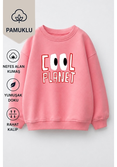 Monila Unisex Çocuk 3 İplik Kumaş Baskılı Pamuklu Sweatshirt Pembe