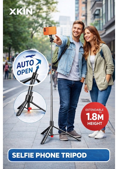 İphone 15 Pro Max Uyumlu 1.8m Otomatik Selfie Tripod Uzatılabilir Telefon Tripodu