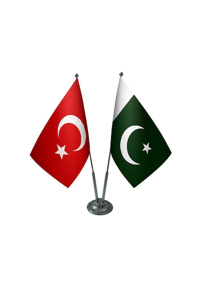 Masa Üstü Pakistan Bayrağı Türk Bayrağı İkili Krom Direk Masa Bay