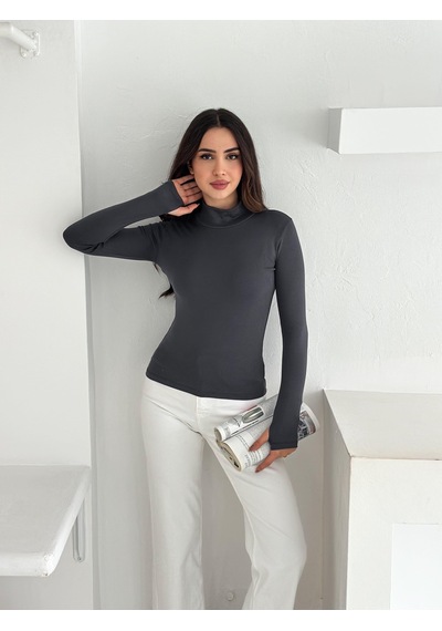 Kadın Yarım Balıkçı Yaka Parmak Geçmeli Full Likralı Buzz Body Antrasit