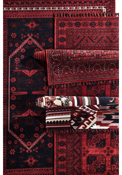 Kırmızı Renkli Afgan Tarzı Altı Kaymaz Yıkanabilir Şönil Kilim-56