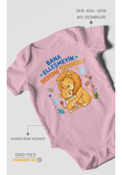 Morivokids Bana Elleşmeyin Dedemle Giderim Kısa Kollu Bebek Body %100 Pamuk Koyu Pembe