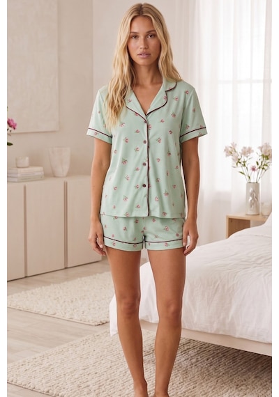 Siyah İnci Fırfırlı Bürümcük-krınkıl Kısa Kollu Düğmeli Şortlu Pijama Takım 8008 Yeşil Lale
