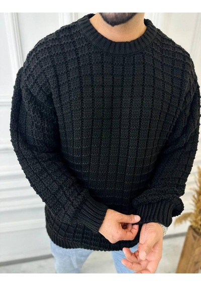 Elku Moda Kazak Oversize Kare Örme Desenli Naturel Pamuk Bol Kesim Tüylenmeyen Salaş Triko Kazak Siyah Elku Moda Kazak Oversize Kare Örme Desenli Naturel Pamuk Bol Kesim Tüylenmeyen Salaş Triko Kazak Siyah