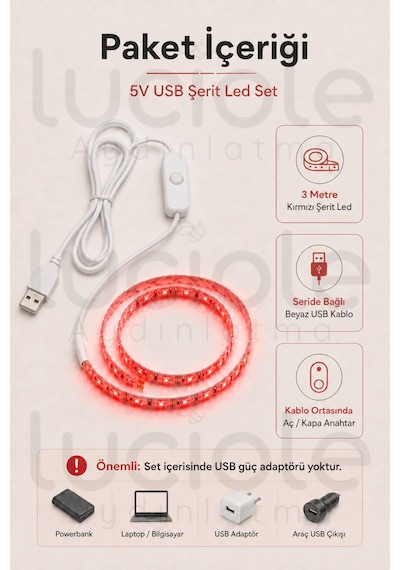 3 Metre 5v Usb Kırmızı Şerit Led Aç Kapa Anahtarlı Gaming Tv Masa Raf Araç Dekoratif Led