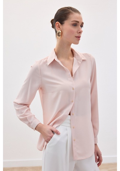 Sateen Düz Klasik Gömlek - Pudra-136120 Pudra