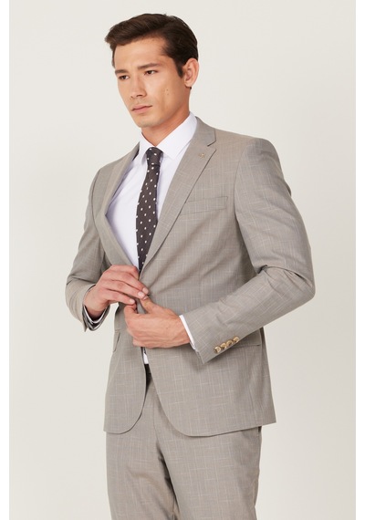 Altınyıldız Classıcs Erkek Bej Ekstra Slim Fit Dar Kesim Mono Yaka Desenli Takım Elbise