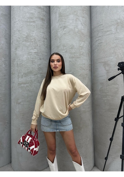 Düz Renk Kadın Sweatshirt Krem